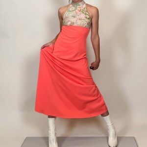 Vintage 70s Coral Maxi Dress Floral Halter Empire Waist Orange Pink Women S Boho